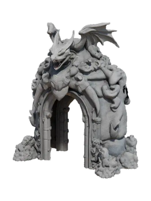 3D model for Imagine a #arch# with one dragon sculpted in it. The arch is made out of thunder material. Surreal. High definition. Professional. Hard surface.