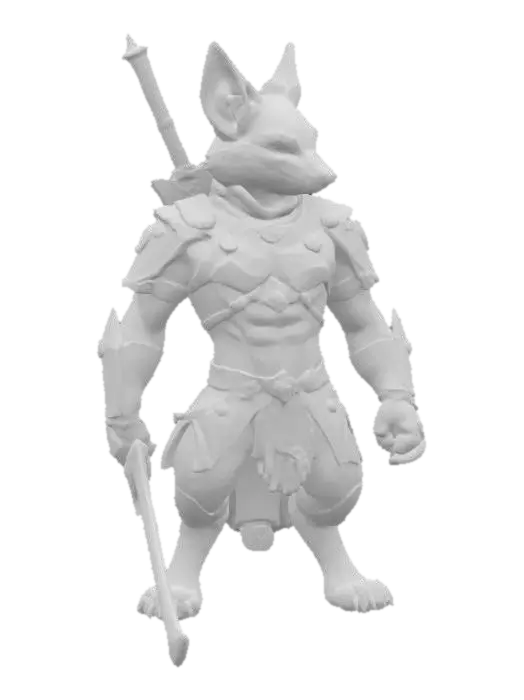 3D model for imagine an anthropomorphic  white fox SWORDSMAN in futuristic sci-fi style. Use metalic material mixed with leather material and Red Glowing ornaments. Muscular. High defined texture. High quality surface. Hard surface. Professional. Masterpiece. Detailed. Game character. Octane render.
