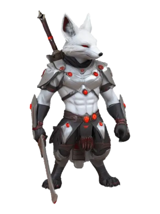 3D model for imagine an anthropomorphic  white fox SWORDSMAN in futuristic sci-fi style. Use metalic material mixed with leather material and Red Glowing ornaments. Muscular. High defined texture. High quality surface. Hard surface. Professional. Masterpiece. Detailed. Game character. Octane render.