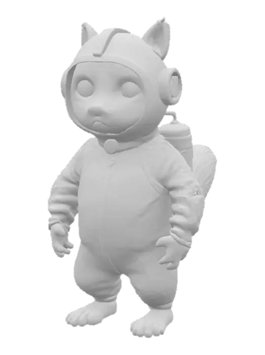 3D model for Imagine a Cartoonish anthropomorphic squirrel in a form-fitting silver-white wetsuit with glowing blue lines. A clear bubble-like helmet covers its head, showing its twitching nose and bright eyes. Tiny webbed gloves are on its paws and it has a small oxygen tank on its back with a sleek design. The suit has small integrated fins on the ankles and wrists for better maneuverability. The overall look is high-tech and adapted for a small agile creature. #ocean#