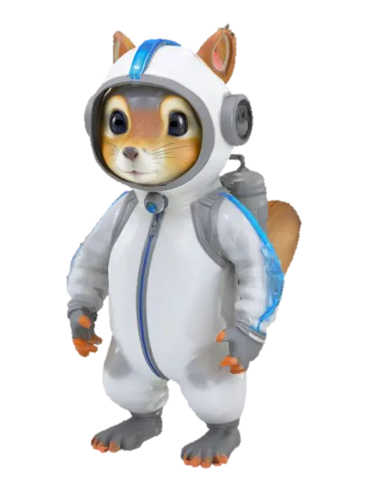 3D model for Imagine a Cartoonish anthropomorphic squirrel in a form-fitting silver-white wetsuit with glowing blue lines. A clear bubble-like helmet covers its head, showing its twitching nose and bright eyes. Tiny webbed gloves are on its paws and it has a small oxygen tank on its back with a sleek design. The suit has small integrated fins on the ankles and wrists for better maneuverability. The overall look is high-tech and adapted for a small agile creature. #ocean#