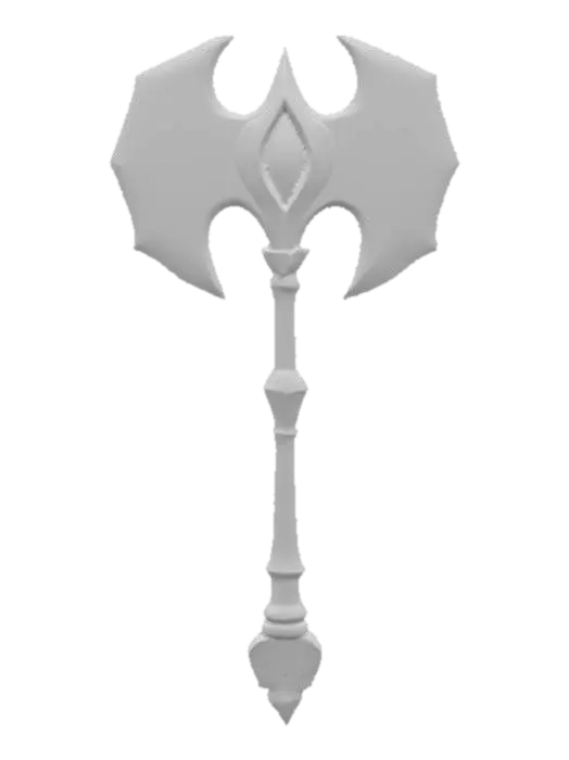 3D model for A stylized, double-bladed axe with a polished bronze handle, featuring golden metallic accents at the pommel and shaft. The axe head boasts two bright luminous white blades with sharp edges. Between the blades, a blue central panel with a subtle metallic sheen is adorned with intricate white low-poly runic patterns and golden decorative elements, including a small blue gem at the center. The overall aesthetic is clean and geometric. Low poly. Game assets. Hard surface. Perfect geometry. High definition texture. Soft light.