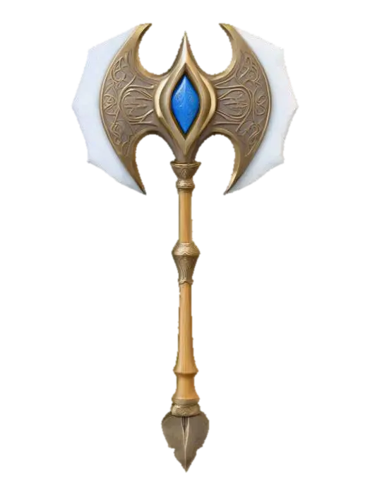 3D model for A stylized, double-bladed axe with a polished bronze handle, featuring golden metallic accents at the pommel and shaft. The axe head boasts two bright luminous white blades with sharp edges. Between the blades, a blue central panel with a subtle metallic sheen is adorned with intricate white low-poly runic patterns and golden decorative elements, including a small blue gem at the center. The overall aesthetic is clean and geometric. Low poly. Game assets. Hard surface. Perfect geometry. High definition texture. Soft light.