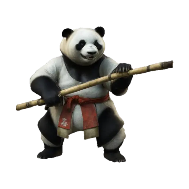 Imagine an anthropomorphic fat panda. It is a kung-fu fighter wielding a stick. Clean… 3D model, vytvořený pomocí AI