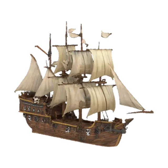 3D model for Realistic and detailed pirate ship. Skulls and bones. Clean geometry. Clean texture. Well defined texture. HDR. Hard surface. High quality. Soft light.