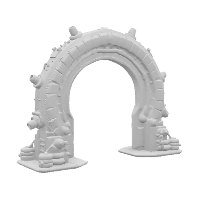 3D model for imagine an #arch# formed by two plasma cannons. Cyberpunk. Realistic. High definition. Professional quality. Hard surface.