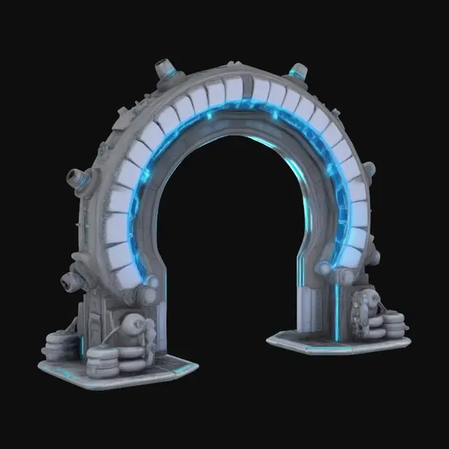 3D model for imagine an #arch# formed by two plasma cannons. Cyberpunk. Realistic. High definition. Professional quality. Hard surface.