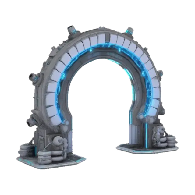 3D model for imagine an #arch# formed by two plasma cannons. Cyberpunk. Realistic. High definition. Professional quality. Hard surface.
