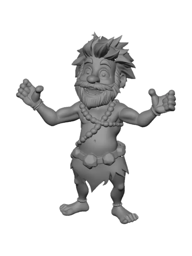 3D model for Stylized 3D game character, cartoon caveman, short and stocky proportions, large head and small body, friendly and expressive face, big green eyes, oversized rounded nose, wide smile, messy bright orange hair and thick beard. Wearing a simple one-shoulder animal skin tunic with brown spots. Barefoot.

Character is in a neutral T-pose (arms extended horizontally to the sides), designed as a clean game-ready 3D model. No weapon in hands.

Smooth stylized textures, soft shading, slightly exaggerated proportions, Pixar/Disney-inspired style. Clean topology, suitable for animation, centered, full body visible. Neutral studio lighting, plain light background. High detail, high resolution, 3D sculpt, game asset, front view.
