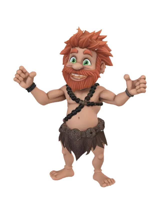3D model for Stylized 3D game character, cartoon caveman, short and stocky proportions, large head and small body, friendly and expressive face, big green eyes, oversized rounded nose, wide smile, messy bright orange hair and thick beard. Wearing a simple one-shoulder animal skin tunic with brown spots. Barefoot.

Character is in a neutral T-pose (arms extended horizontally to the sides), designed as a clean game-ready 3D model. No weapon in hands.

Smooth stylized textures, soft shading, slightly exaggerated proportions, Pixar/Disney-inspired style. Clean topology, suitable for animation, centered, full body visible. Neutral studio lighting, plain light background. High detail, high resolution, 3D sculpt, game asset, front view.