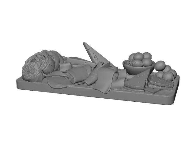 3D model for Charcuterie board with bread, cheese and olives