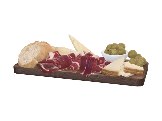 3D model for Charcuterie board with bread, cheese and olives