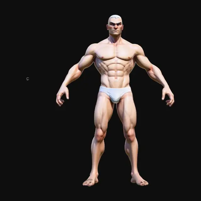 3D model for low poly, human main character,  fantasy, simple,  fit, muscular,no weapons, no armor just plain white underwear