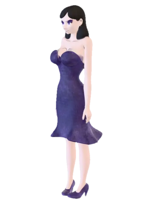A witch with a sparkling purple dress with sparkling purple glass stilettos 3D model, vytvořený pomocí AI