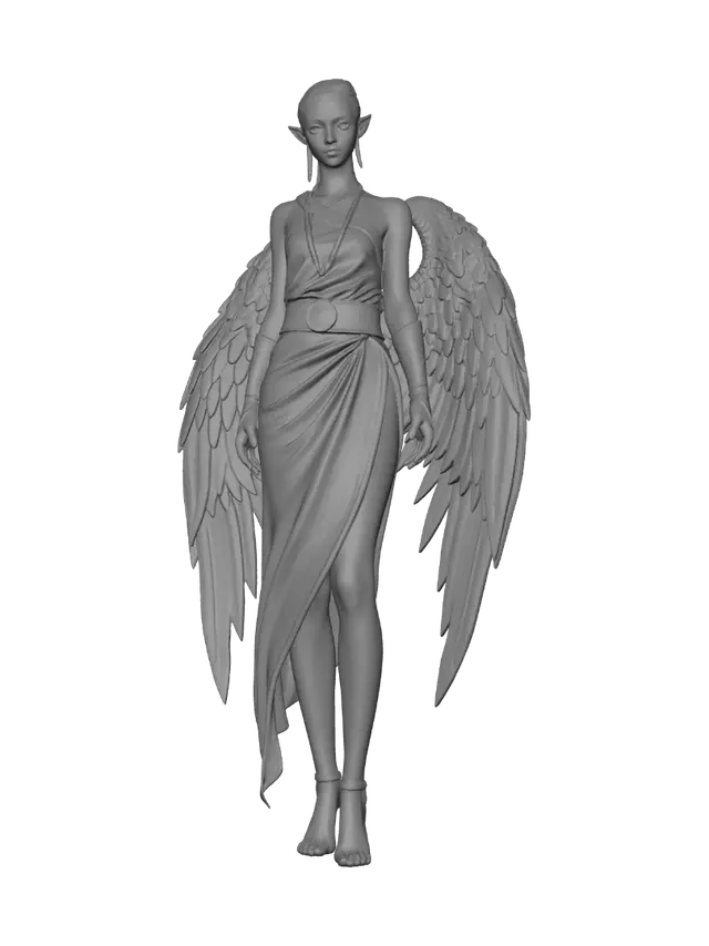 3D model for A young-looking woman, 179 cm tall, with a slender, petite high-elf build, standing arms wide, palms open, staring down. Long pointed ears and delicate facial features fixed in a wide, unsettling grin. Her hair is pulled into a single ponytail swept sideways to the right of her head. Four immense wings spread from her back — an upper pair of feathered, angel-like wings and a lower pair of leathery, membranous, demon-like wings — fully extended, their span is twice her full height, roughly 360 cm from tip to tip. She wears a flowing, one-shouldered goddess toga with an ornate filigree belt, filigree-edged hems, matching armlets, a circlet at her brow, and strapped sandals. Fully organic humanoid anatomy otherwise; her only non-human traits are the pointed ears and the four wings.