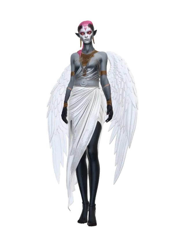 3D model for A young-looking woman, 179 cm tall, with a slender, petite high-elf build, standing arms wide, palms open, staring down. Long pointed ears and delicate facial features fixed in a wide, unsettling grin. Her hair is pulled into a single ponytail swept sideways to the right of her head. Four immense wings spread from her back — an upper pair of feathered, angel-like wings and a lower pair of leathery, membranous, demon-like wings — fully extended, their span is twice her full height, roughly 360 cm from tip to tip. She wears a flowing, one-shouldered goddess toga with an ornate filigree belt, filigree-edged hems, matching armlets, a circlet at her brow, and strapped sandals. Fully organic humanoid anatomy otherwise; her only non-human traits are the pointed ears and the four wings.