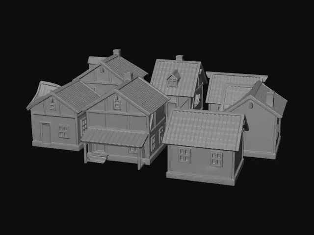 3D model for 6 different poor rural European houses, simple old cottages and small rundown homes, Eastern European or German countryside style, weathered plaster, wooden beams, faded roofs, varied roof shapes, no gardens, no vegetation, plain ground, isolated buildings only, realistic details, European architectural style, top-down slight isometric view or front view, high detail, 8k