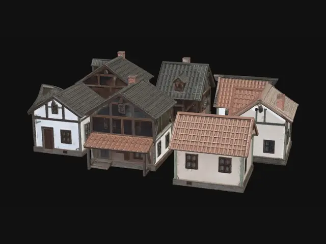3D model for 6 different poor rural European houses, simple old cottages and small rundown homes, Eastern European or German countryside style, weathered plaster, wooden beams, faded roofs, varied roof shapes, no gardens, no vegetation, plain ground, isolated buildings only, realistic details, European architectural style, top-down slight isometric view or front view, high detail, 8k