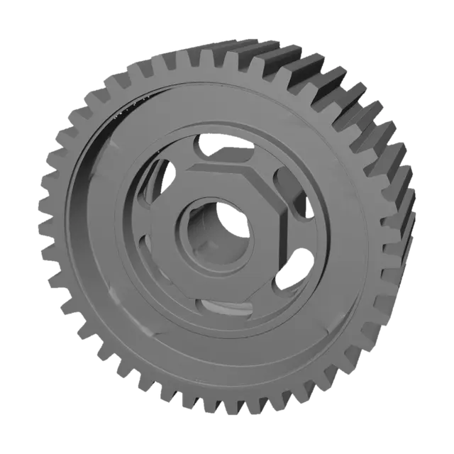 3D model for A large, bright yellow cogwheel with precisely engineered teeth and a central hexagonal bore. Crafted from smooth, durable plastic, it features a textured ring and six spoke-like arms. Its symmetrical, robust structure suggests functional mechanical operation, suitable for intricate gear systems with a slightly soft, tactile feel.