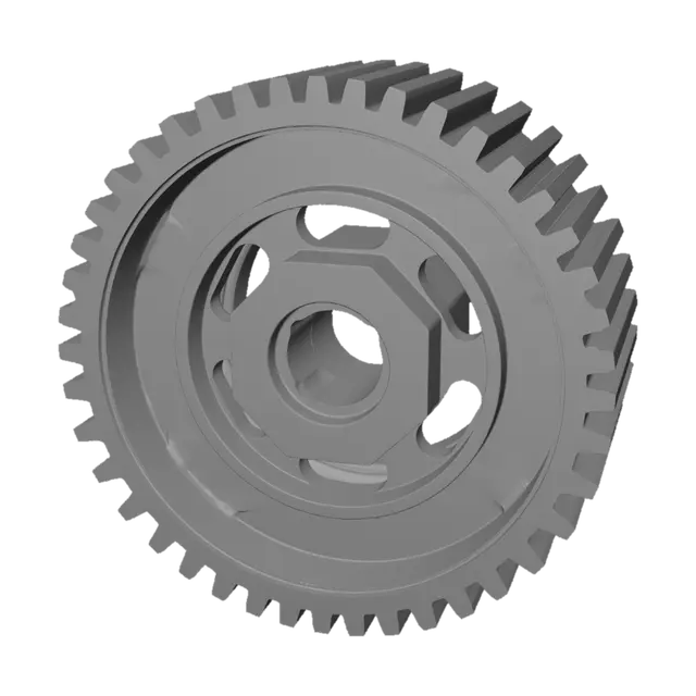 3D model for A large, bright yellow cogwheel with precisely engineered teeth and a central hexagonal bore. Crafted from smooth, durable plastic, it features a textured ring and six spoke-like arms. Its symmetrical, robust structure suggests functional mechanical operation, suitable for intricate gear systems with a slightly soft, tactile feel.
