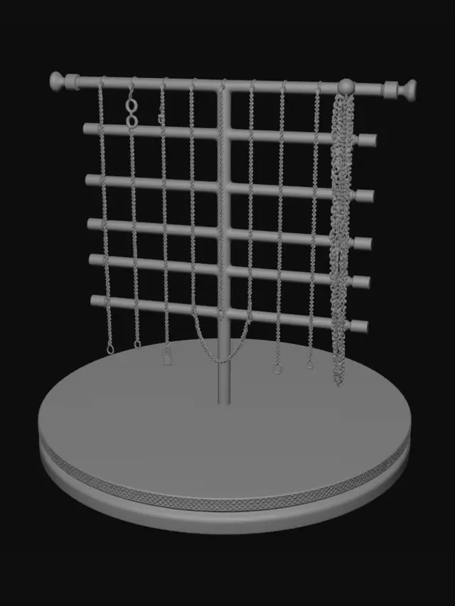 3D model for "Elegant jewelry chain display stand for 3D printing. Minimalist modern design, geometric curved architecture. Multiple horizontal hanging bars at different heights. A sleek oval or crescent base with a velvet-like textured surface. Inspired by high-end boutique displays and art deco style. Smooth, organic curves. No overhangs, optimized for FDM printing, needs internal support structure. Monochromatic matte black or soft gold color scheme. The model should include small hooks or grooves to prevent chains from slipping. Functional and aesthetic, studio lighting."