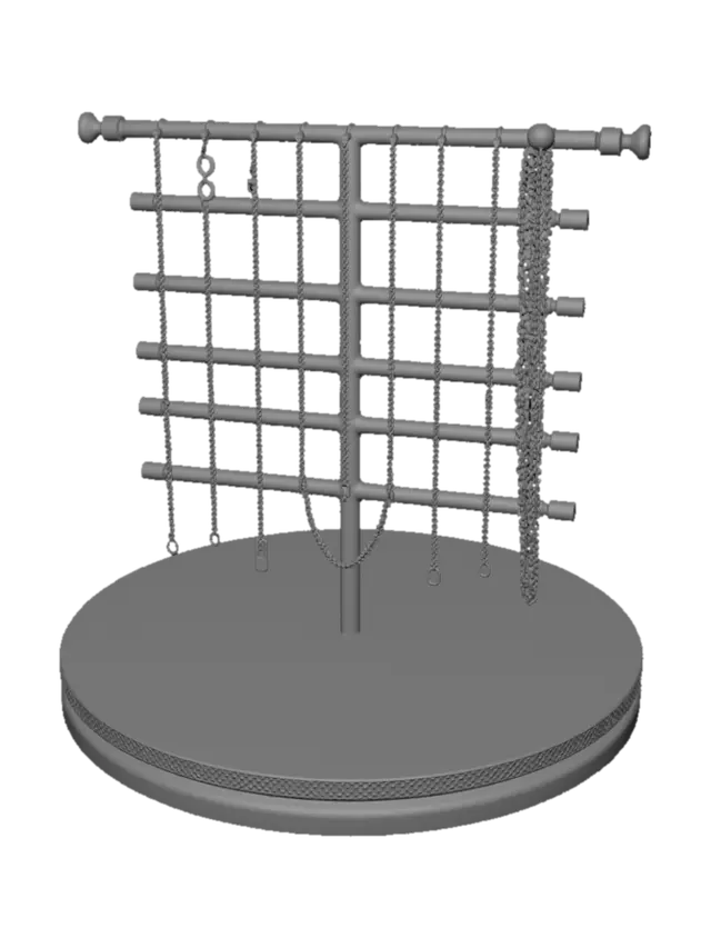 3D model for "Elegant jewelry chain display stand for 3D printing. Minimalist modern design, geometric curved architecture. Multiple horizontal hanging bars at different heights. A sleek oval or crescent base with a velvet-like textured surface. Inspired by high-end boutique displays and art deco style. Smooth, organic curves. No overhangs, optimized for FDM printing, needs internal support structure. Monochromatic matte black or soft gold color scheme. The model should include small hooks or grooves to prevent chains from slipping. Functional and aesthetic, studio lighting."