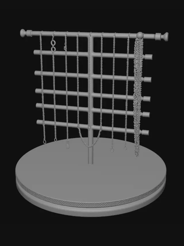 3D model for "Elegant jewelry chain display stand for 3D printing. Minimalist modern design, geometric curved architecture. Multiple horizontal hanging bars at different heights. A sleek oval or crescent base with a velvet-like textured surface. Inspired by high-end boutique displays and art deco style. Smooth, organic curves. No overhangs, optimized for FDM printing, needs internal support structure. Monochromatic matte black or soft gold color scheme. The model should include small hooks or grooves to prevent chains from slipping. Functional and aesthetic, studio lighting."
