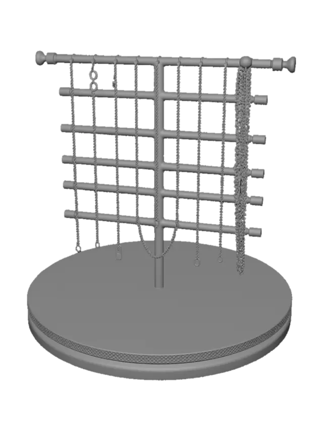 3D model for "Elegant jewelry chain display stand for 3D printing. Minimalist modern design, geometric curved architecture. Multiple horizontal hanging bars at different heights. A sleek oval or crescent base with a velvet-like textured surface. Inspired by high-end boutique displays and art deco style. Smooth, organic curves. No overhangs, optimized for FDM printing, needs internal support structure. Monochromatic matte black or soft gold color scheme. The model should include small hooks or grooves to prevent chains from slipping. Functional and aesthetic, studio lighting."