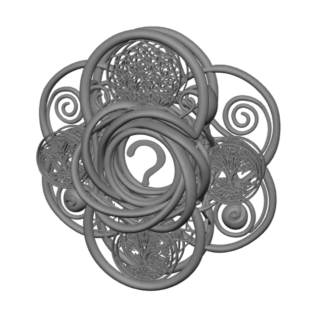 3D model for Sacred geometry, intricate fractal patterns, Flower of Life, Tree of Life, Mandala, Yin and Yang, David’s Star, golden spiral, cosmic harmony, spiritual symbolism, high detail, hyper-realistic, 8k, intricate design, centered question mark symbol (⊙?) as focal point, clean background, no text, photorealistic, --ar 16:9 --version 4 --s 42000 --uplight