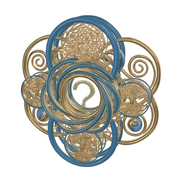 3D model for Sacred geometry, intricate fractal patterns, Flower of Life, Tree of Life, Mandala, Yin and Yang, David’s Star, golden spiral, cosmic harmony, spiritual symbolism, high detail, hyper-realistic, 8k, intricate design, centered question mark symbol (⊙?) as focal point, clean background, no text, photorealistic, --ar 16:9 --version 4 --s 42000 --uplight