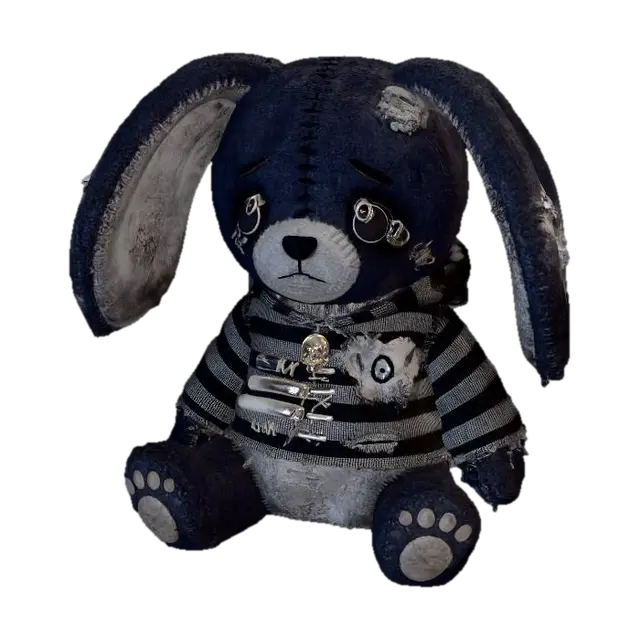 A cute melancholic emo plush rabbit with its chest, soft worn fabric, visible seams,… 3D model, vytvořený pomocí AI