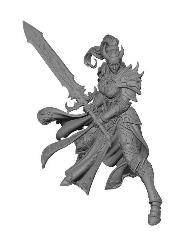 3D model for A female Slaanesh elite warrior in the same style as the reference image. Keep identical: ornate golden baroque plate armor with teal gem inlays, purple/magenta flowing robes, small horns on head, stern hard veteran face, flat armored boots, pure white background, no base, no ground. CHANGE: she wields a massive ornate two-handed greatsword, held in a powerful planted stance or mid-swing. Her hair is in a high ponytail — sleek and pulled back tightly. Different pose from the glaive warrior — more grounded, powerful, heavy weapon energy. Full body visible, clean isolated miniature product render, studio lighting, tabletop miniature painting style.