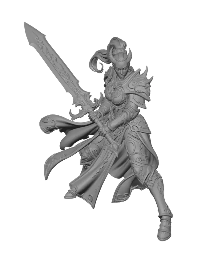 3D model for A female Slaanesh elite warrior in the same style as the reference image. Keep identical: ornate golden baroque plate armor with teal gem inlays, purple/magenta flowing robes, small horns on head, stern hard veteran face, flat armored boots, pure white background, no base, no ground. CHANGE: she wields a massive ornate two-handed greatsword, held in a powerful planted stance or mid-swing. Her hair is in a high ponytail — sleek and pulled back tightly. Different pose from the glaive warrior — more grounded, powerful, heavy weapon energy. Full body visible, clean isolated miniature product render, studio lighting, tabletop miniature painting style.