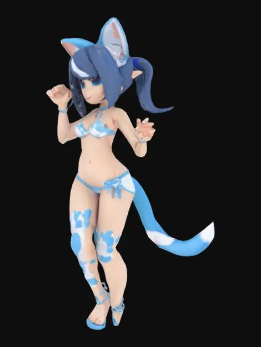 3D model for Generate a 3D anime-style female character wearing a stylish bikini inspired by Mishy (the mascot from The Legend of Heroes). The bikini should have Mishy's signature blue and white color scheme, with playful details like tiny Mishy ears on the headband, paw-print patterns, or a cute tail accessory. The character should have an energetic, cheerful pose, with soft lighting and a beach or poolside background. Keep the art style vibrant, chibi-esque, and SFW—focus on cuteness over realism. Add optional accessories like a float ring or ice cream for extra charm.