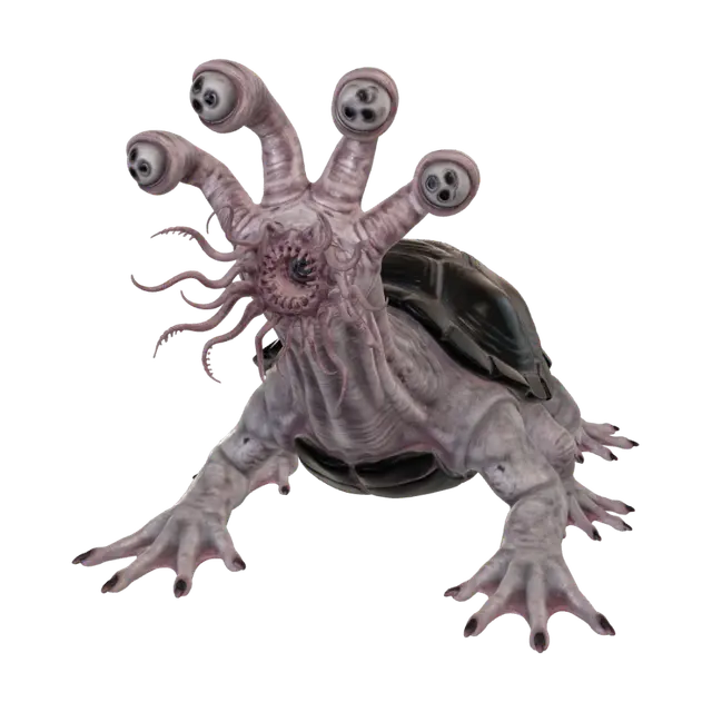 3D model for Alien creature that looks likes a hybridization of amphibian/mollusk. pale pink-grey skin. A slick, black, chitin-like armored shell. Four retractable, segmented, telescoping eye-stalks. The stalks should be telescoping segments but flesh not chitin. The eyes should combine 3 pupils in each eyeball. Its round mouth should be surrounded by a great many tendrils of varying lengths, each ending in a stinger-like barb. The neck should be long and retractable like a turtle. It should be a belly crawling thing, but with six salamander-like legs and feet. The webbed toes should long and finger-like with wide padded tips that have small retractable claws. The back shell should be segmented & the body also protected with plating. Aberration. Extremophile. Eldritch.