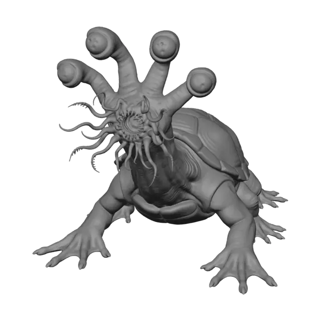 3D model for Alien creature that looks likes a hybridization of amphibian/mollusk. pale pink-grey skin. A slick, black, chitin-like armored shell. Four retractable, segmented, telescoping eye-stalks. The stalks should be telescoping segments but flesh not chitin. The eyes should combine 3 pupils in each eyeball. Its round mouth should be surrounded by a great many tendrils of varying lengths, each ending in a stinger-like barb. The neck should be long and retractable like a turtle. It should be a belly crawling thing, but with six salamander-like legs and feet. The webbed toes should long and finger-like with wide padded tips that have small retractable claws. The back shell should be segmented & the body also protected with plating. Aberration. Extremophile. Eldritch.