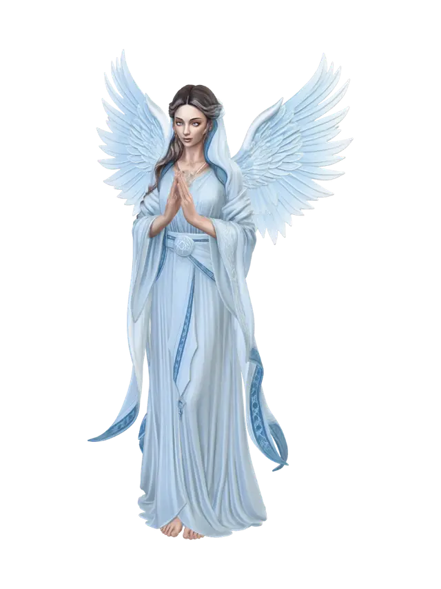 3D model for a serene mother-goddess protector, flowing white-and-blue robes with wing motifs, radiant shield of light, gentle maternal figure, sky-blue and silver palette