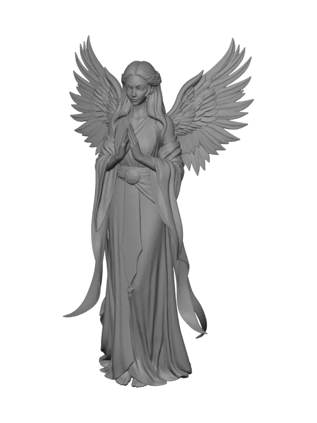 3D model for a serene mother-goddess protector, flowing white-and-blue robes with wing motifs, radiant shield of light, gentle maternal figure, sky-blue and silver palette