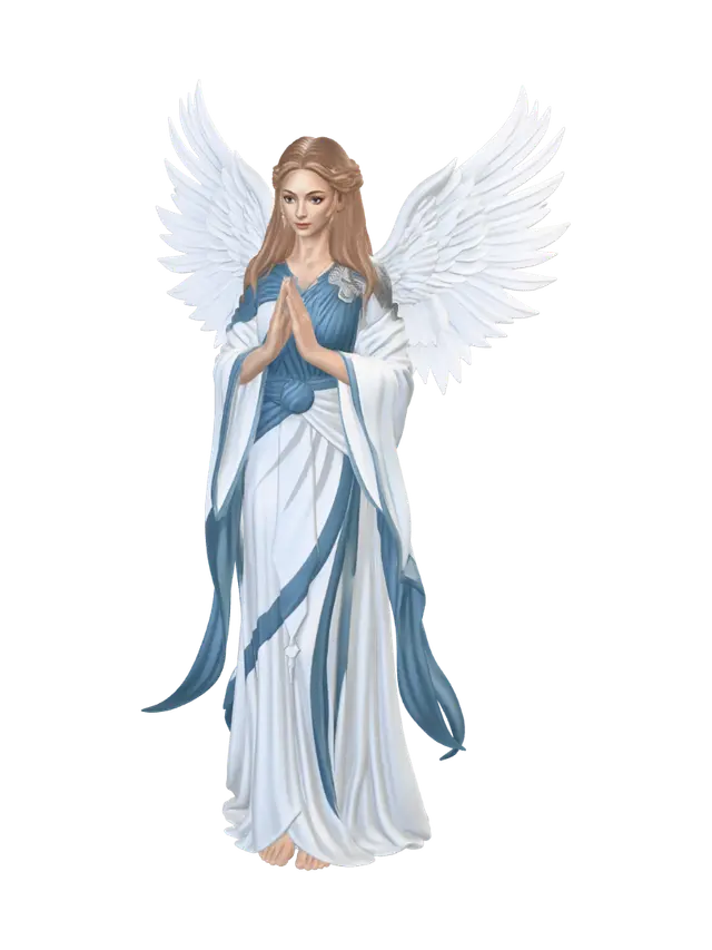 3D model for a serene mother-goddess protector, flowing white-and-blue robes with wing motifs, radiant shield of light, gentle maternal figure, sky-blue and silver palette