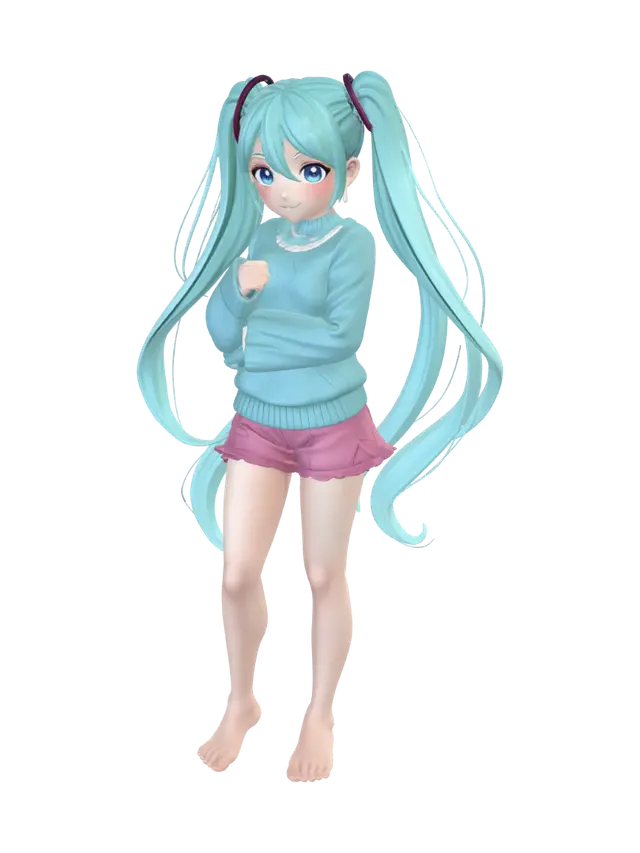 hatsune miku wearing a cyan sweather and pink shorts and shes barefoot 3D model, vytvořený pomocí AI