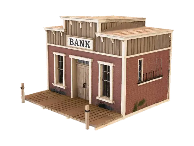 Deserted Frontier Bank 3D model, vytvořený pomocí AI