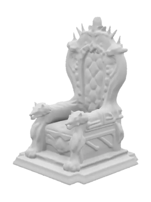 3D model for The throne is massive, carved from polished obsidian stone veined with silver, standing upon a raised marble dais. Its high back arches majestically upward, etched with intricate runes softly glowing sapphire-blue. Armrests carved into fierce dragon heads curl menacingly forward, eyes set with gleaming emeralds. Plush, deep-purple velvet cushions line the seat, worn slightly from use. At the throne's crown, golden spikes radiate outward, signifying authority and power.