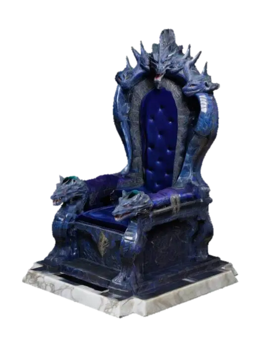 3D model for The throne is massive, carved from polished obsidian stone veined with silver, standing upon a raised marble dais. Its high back arches majestically upward, etched with intricate runes softly glowing sapphire-blue. Armrests carved into fierce dragon heads curl menacingly forward, eyes set with gleaming emeralds. Plush, deep-purple velvet cushions line the seat, worn slightly from use. At the throne's crown, golden spikes radiate outward, signifying authority and power.