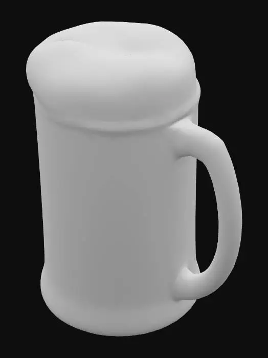 3D model for A large, classic beer mug crafted from thick, transparent glass, featuring a robust cylindrical shape and a sturdy, ergonomic handle for a comfortable grip. Its smooth glass surface beautifully reflects light, while inside, golden foamy beer with a tall, creamy head creates a striking contrast. Condensation droplets are visible on the outer walls, emphasizing its coldness.