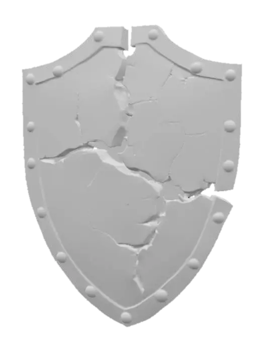 3D model for A shattered old steel shield, severely damaged in combat, features a fractured and deformed surface. Its original circular shape is distorted, with large cracks extending through the metal and missing fragments along the edges. The matte, tarnished steel is covered in deep scratches and patches of dark reddish rust, especially along the breaks. The edges of the fractures are sharp and jagged to the touch, giving the shield the appearance of having withstood numerous impacts and shrapnel.