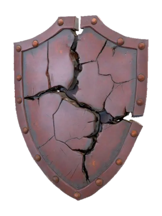 3D model for A shattered old steel shield, severely damaged in combat, features a fractured and deformed surface. Its original circular shape is distorted, with large cracks extending through the metal and missing fragments along the edges. The matte, tarnished steel is covered in deep scratches and patches of dark reddish rust, especially along the breaks. The edges of the fractures are sharp and jagged to the touch, giving the shield the appearance of having withstood numerous impacts and shrapnel.