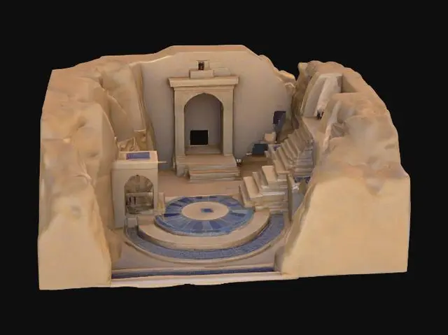 3D model for Sunken stepwell in a desert canyon; weather-blasted granite guardian half-buried to the chest, sand streaming from joints, lapis inlays and worn geometric patterns, heat haze, long shadows at golden hour, distant pilgrims on stairs for scale, serene yet imposing