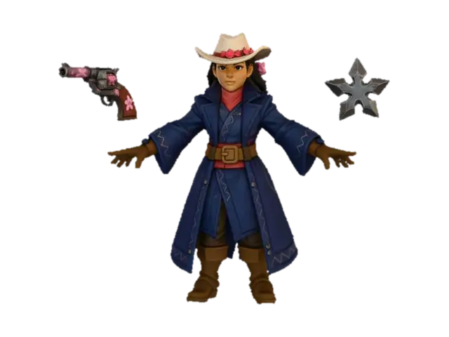 Cowgirl Ninja Warrior, HERO Marshal Aiko “Sakura Steel” — (Japanese Hero) Role:… - Shooter 3D model, vytvořený pomocí AI