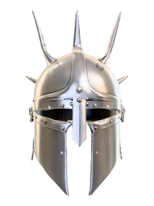 Spiked Visor Helm – smooth steel dome with a faceplate studded with forward-jutting… 3D model, vytvořený pomocí AI
