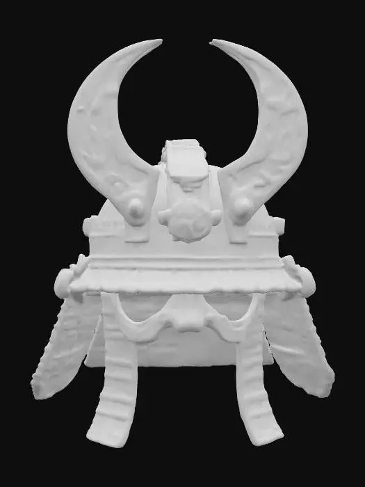 3D model for Ashen Samurai Kabuto – blackened plates with a horned crescent crest, weathered ash texture., #PBR#
